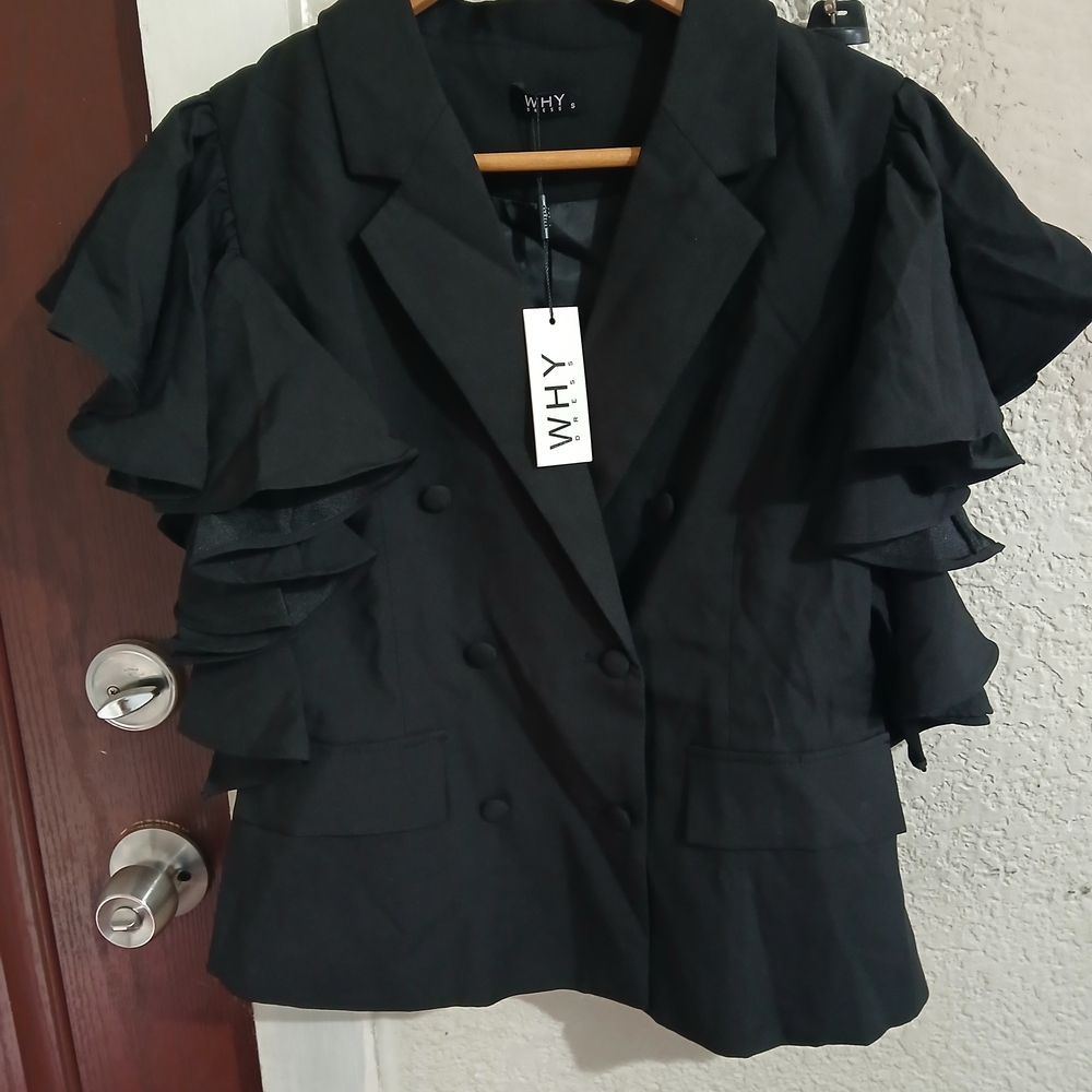 WHY Women's Elegant Black Ruffle Blazer